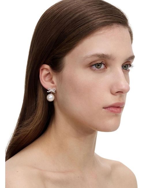 Self-Portrait White Metallic Earrings With Bow And Pearl