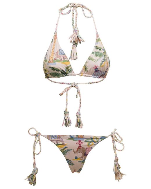 RED Valentino White Woman's Multicolor Stretch Fabric Bikini With Elephant Print And Tassels