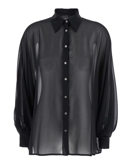 Le Plain Black Oversize Blouse With Classic Collar And See-Through Desi