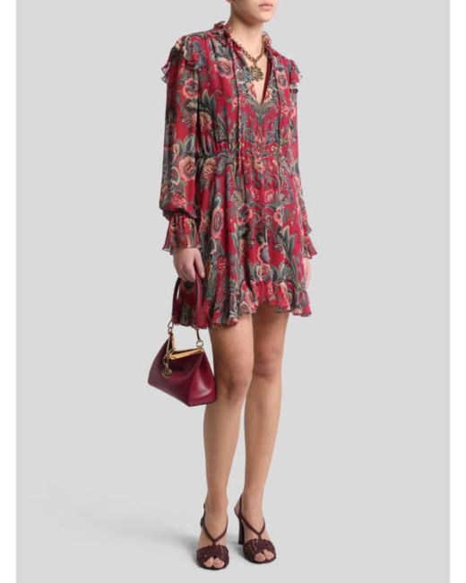Abito Mini Con Ruches E Stampa Floreale All-Over di Etro in Red