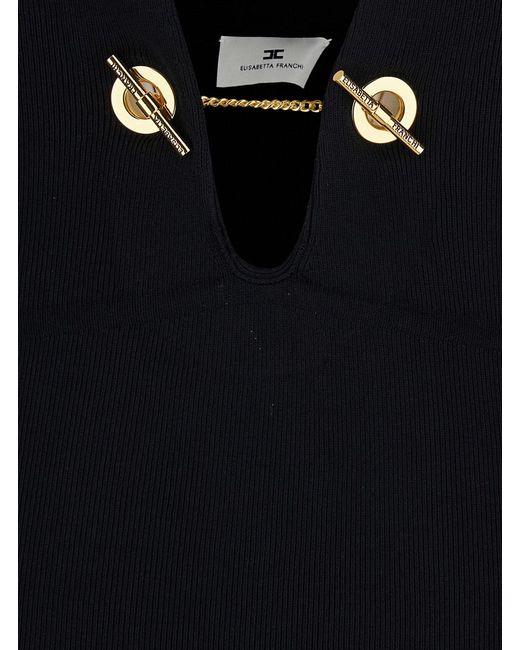 Elisabetta Franchi Black Long Knitted Dress Featuring A V-Neck And Long Slee
