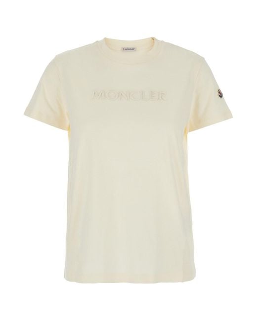 Moncler White Crewneck T-Shirt With Tonal Logo Lettering Embroidery On The Front And Logo Patch On The Sleeve