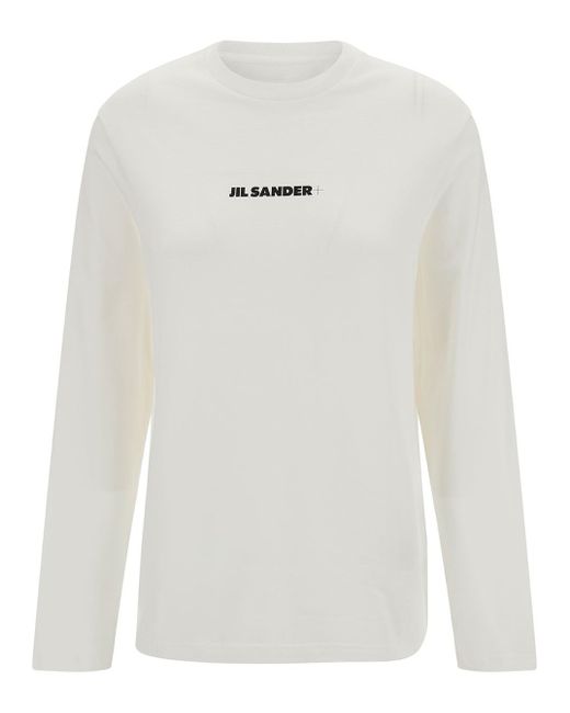 T-Shirt A Maniche Lunghe Con Stampa Logo Lettering A Contra di Jil Sander in White