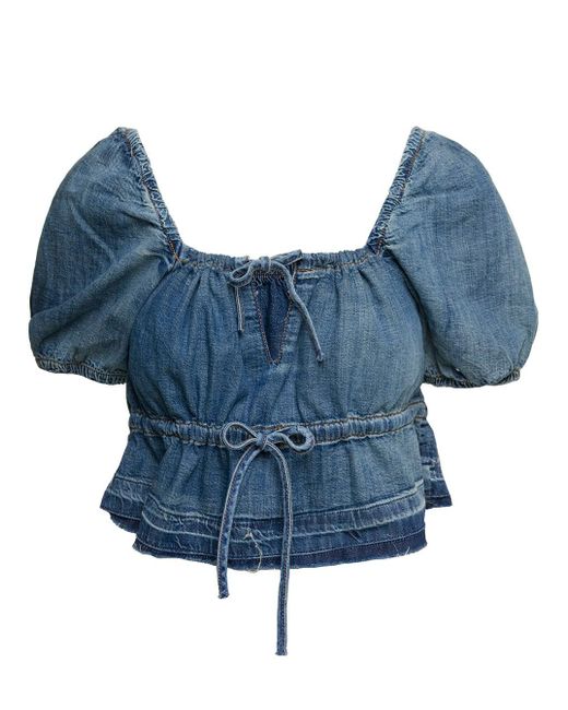 Ganni Blue Light E Crop Top With Puff Sleeve And Drawstring In Cotton Denim Woman