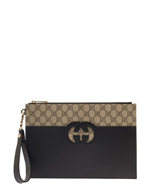 Gucci Black Beige And Ebony Pochette With Interlocking G Cut-out In gg Supreme Canvas Man for men