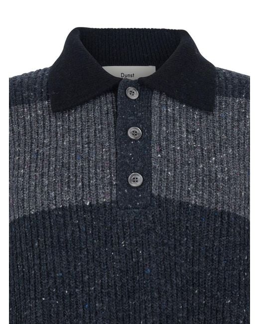 DUNST Blue Polo Shirt With Ribbed Design And Striped Motif for men