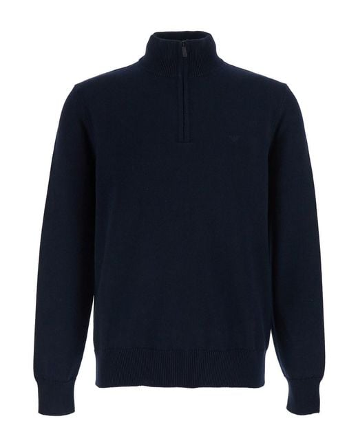 Emporio Armani Blue Sweater With Half Zip Closure On The Front And Log for men