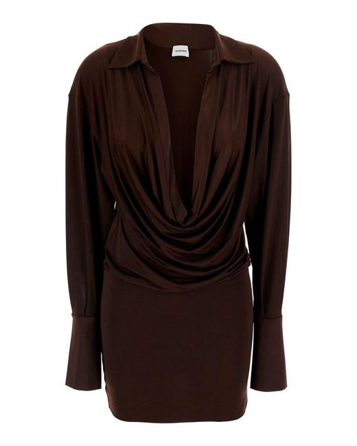 ANDAMANE Brown 'Lilia' Mini Dress With Deep V-Neck And Open Collar