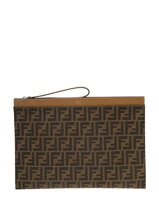 Fendi Brown 'Large Ff' Flat Pouch With Jacquard Motif for men