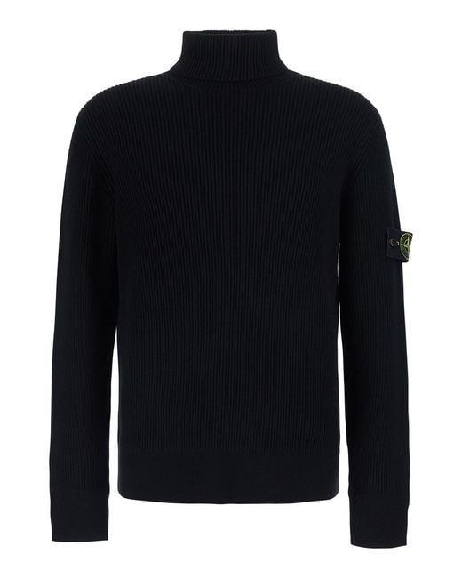 Stone Island Blue Sweater With High Collar And Logo Patch On The Sleeve for men