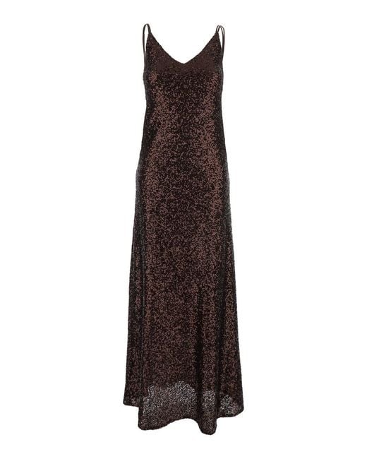 Le Plain Brown Long Dress "Plain" With Straps And All-Over Applied Sequins In