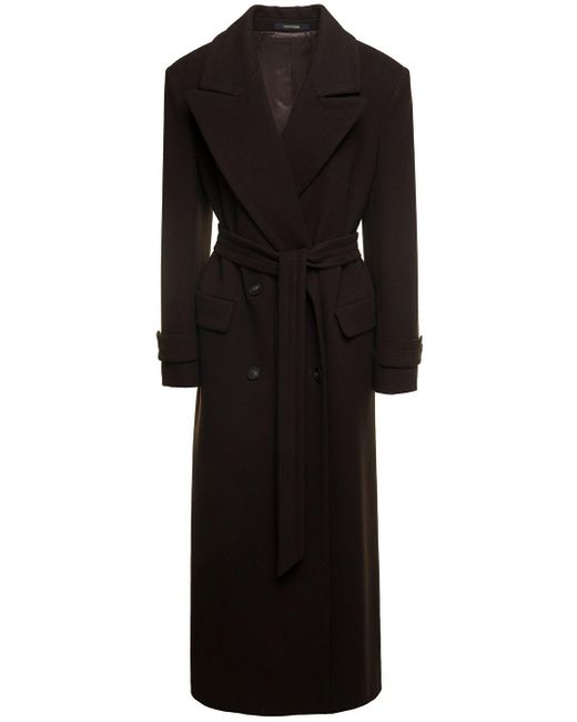 Tagliatore Black 'julia' Long Brown Double-breasted Coat With Matching Belt In Wool And Cashmere Woman