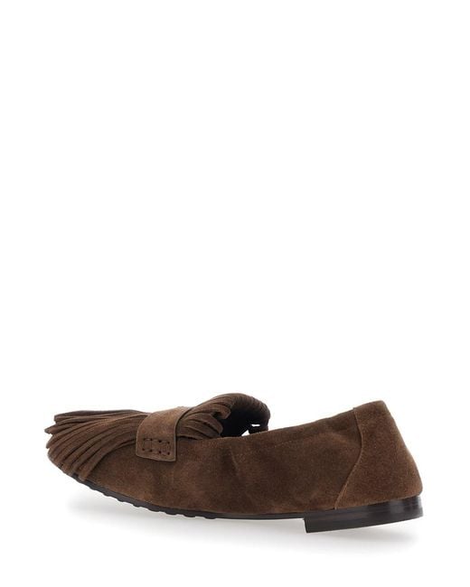 Tory Burch Brown Suede Loafers With Fringe And Metallic Logo