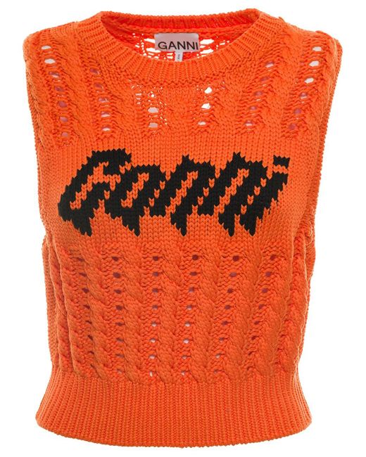 Ganni Orange Vest With Woven Logo In Viscose Blend Woman