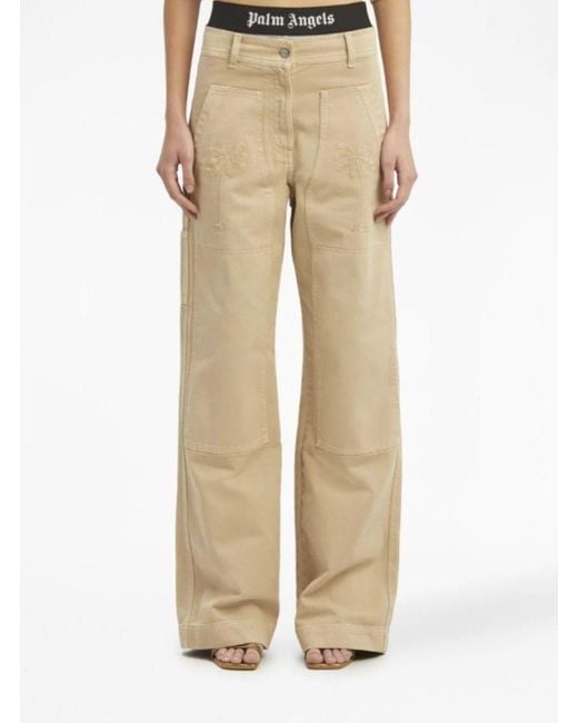 Palm Angels Natural Embroidered Straight-Leg Trousers