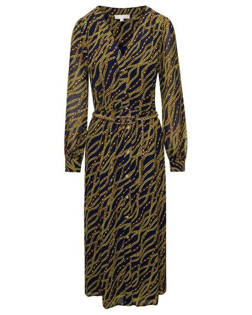MICHAEL Michael Kors Black And Gold-tone Midi Shirt Dess With Chain Print All-over In Polyester Woman