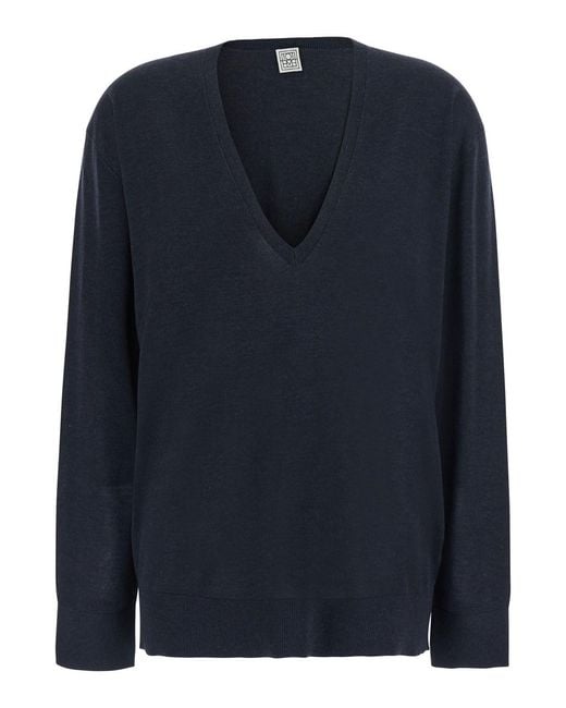 Totême Blue Fine Knit V-Neck Sweater With Long Sleeves