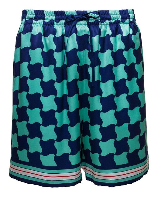 Casablancabrand Blue E Shorts With Drawstring And Graphic Print In Silk Man for men