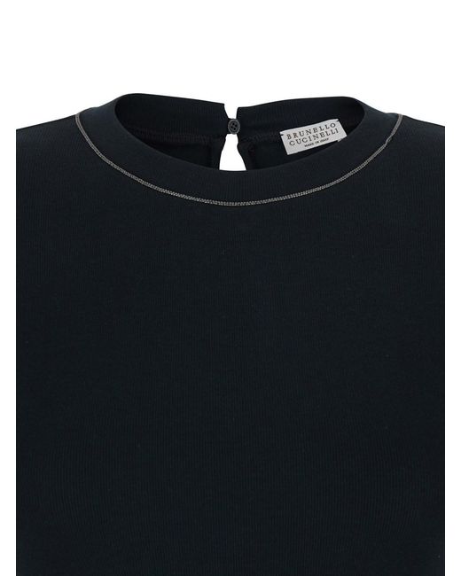 Brunello Cucinelli Black T-Shirt With Round Neck And Three-Quarter Sleeve