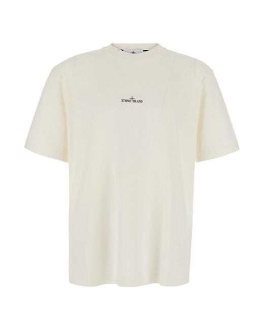 Stone Island White Crew Neck T-Shirt With Logo Lettering On The Front And Maxi Logo Print On The Back for men