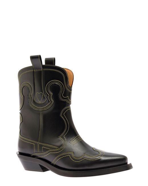 Ganni Black Low Shaft Embroidered Western Boot