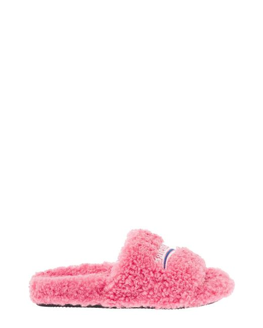 Balenciaga Furry Slide Sandal In Fake Shearling With White And Blue  Political Campaign Embroideries Woman in Pink | Lyst