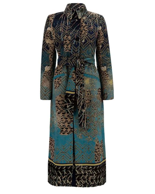 Forte Forte Green 'a Leopard In The Stars' Long Multicolor Coat With Jacquard Motif And Matching Belt In Mixed Tech Materials