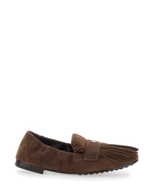 Tory Burch Brown Suede Loafers With Fringe And Metallic Logo