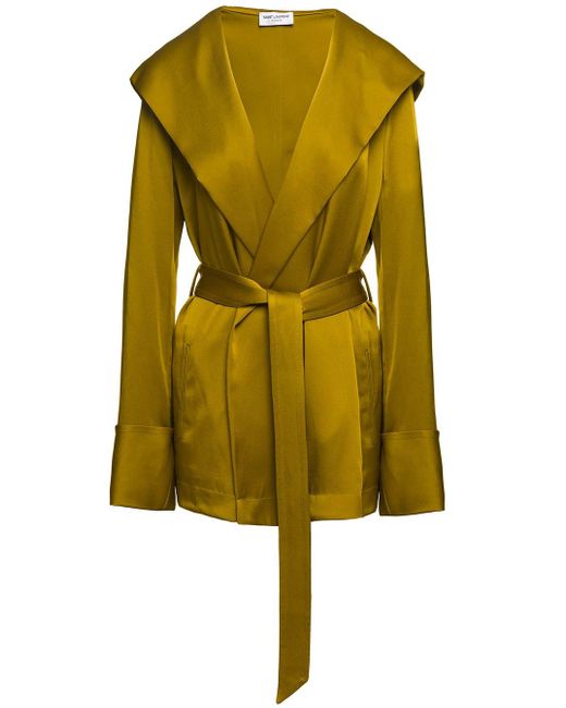 Saint Laurent Yellow Hooded Jacket In Vert Mousse Crepe Satin Woman