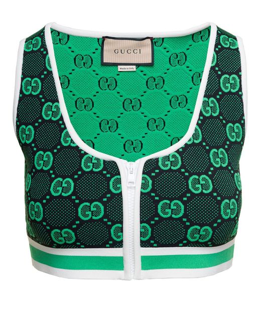 Gucci Green Sleeveless Croptop With All-over 'monogram' In Viscose