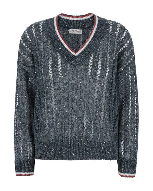 Brunello Cucinelli Gray Sequin T-Shirt With V Neck