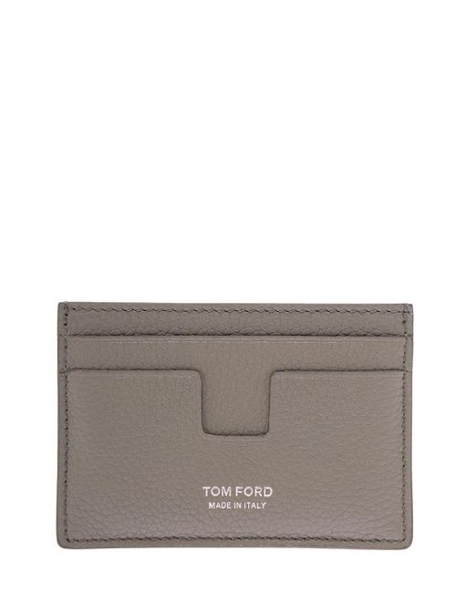 Tom Ford Taupe Grained Leather Card Holder With Man Logo in Grey (Grey