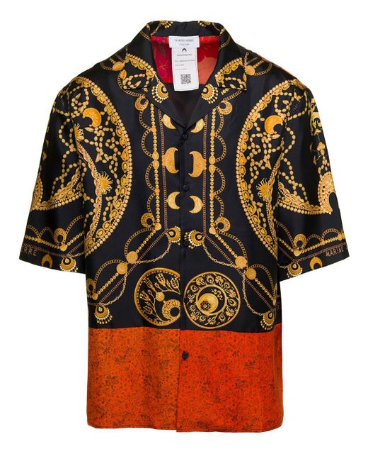 MARINE SERRE Orange Bowling Shirt With Ornament Jewelry Print In Silk for men