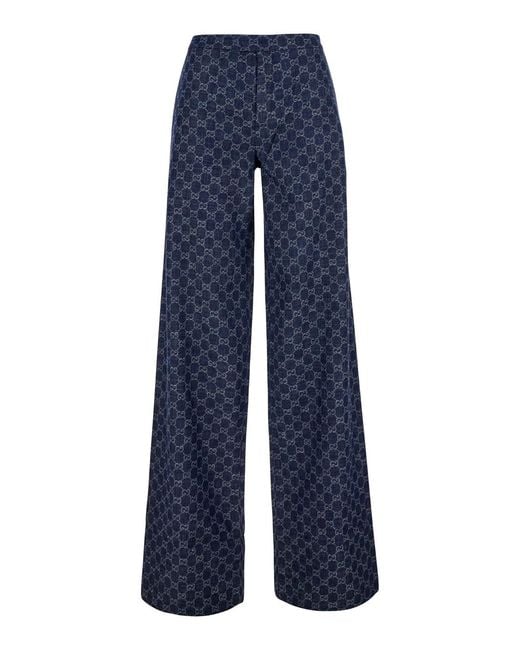Gucci Blue 'Chambray' Pants With All-Over Gg Print
