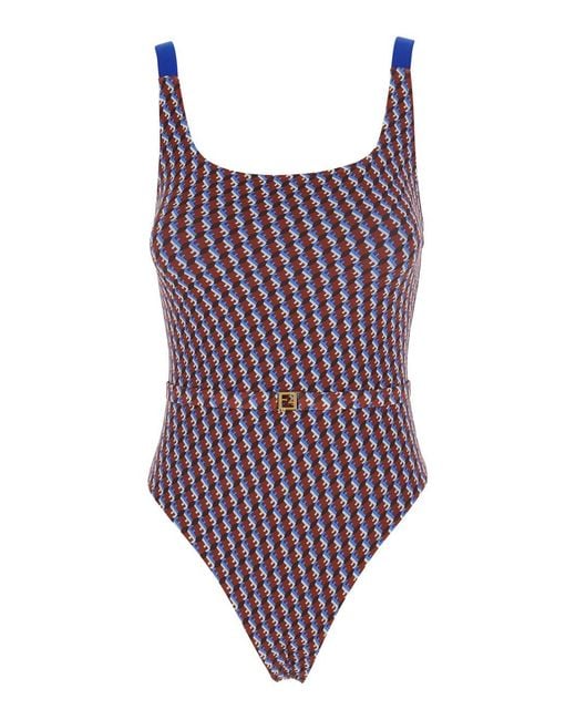 Fendi Purple One-Piece Swimsuit With All-Over Ff Motif And Ff Plate Belt