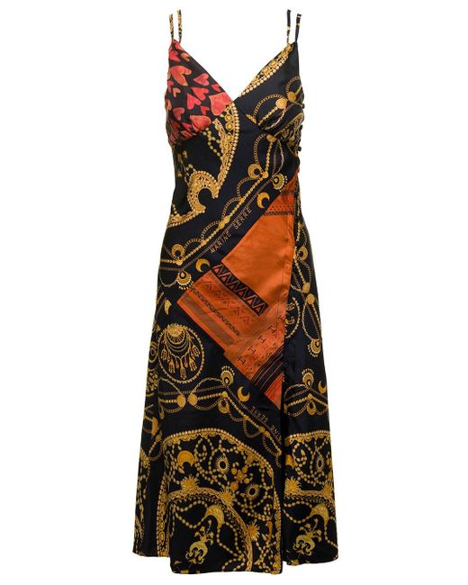 MARINE SERRE Multicolor Midi Dress With Double Straps And Ornament Jewelry Print In Silk
