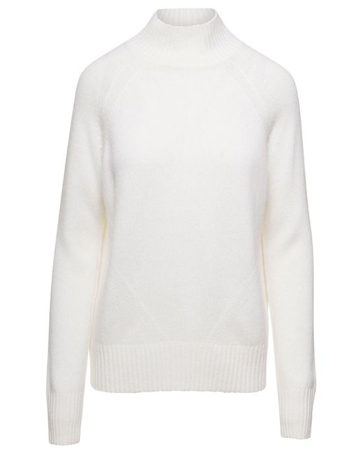 Allude White Mockneck Sweater With Ribbed Trim In Cashmere