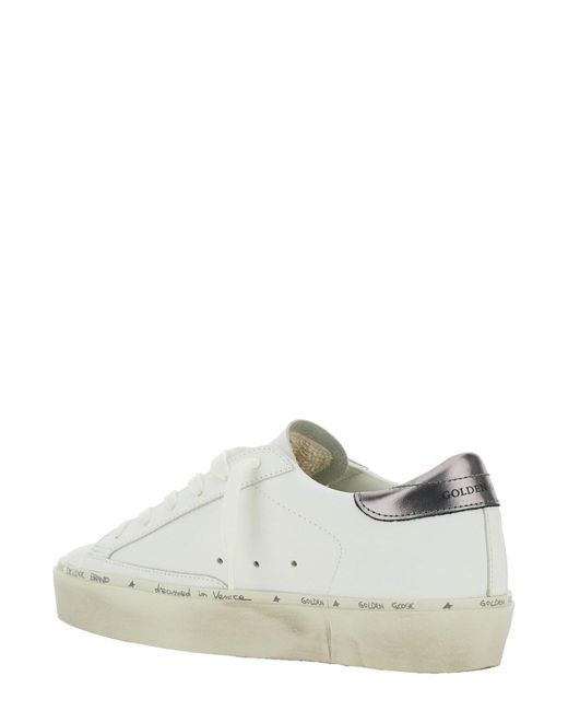 Golden Goose Deluxe Brand White 'Hi Star' Low Top Sneakers With Star Patch On The Side And Logo Lettering On The Heel