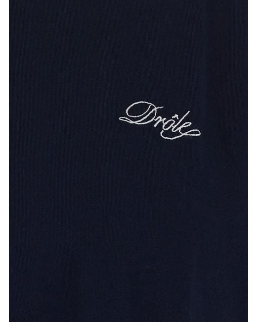 Drole de Monsieur Blue T-Shirt With Patch And Round Neck for men