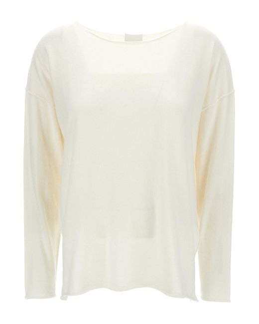 Allude White Ivory Long-Sleeve Top With Boat Neckline