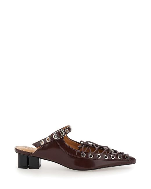 Ganni Brown Sandals With Pointed Toe Design And All-Over Laces