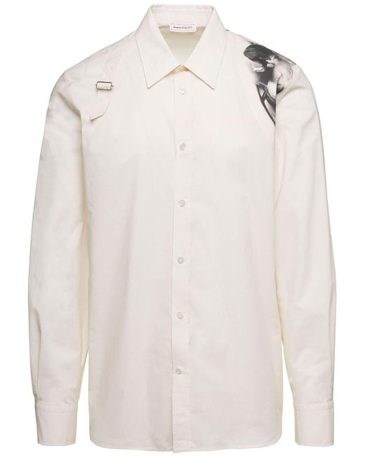 Alexander McQueen Natural White Shirt With Harness Detail And Orchid Print In Cotton for men