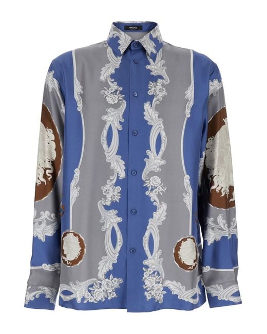 Versace Blue Silk Shirt With Medusa Cameo Print for men