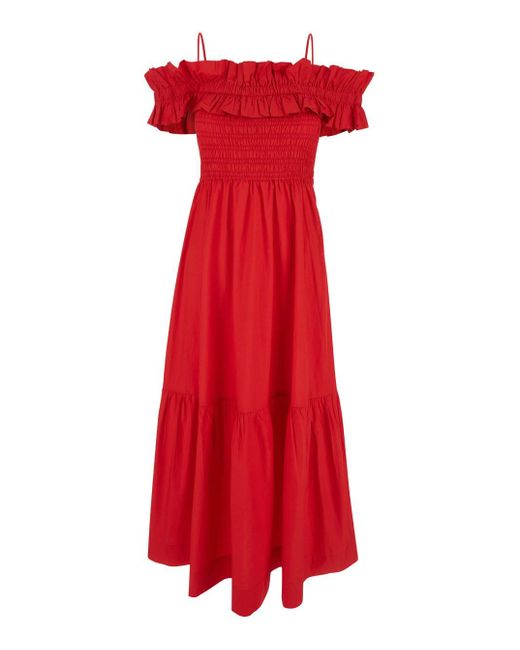 Cotton Poplin Long Smock Dress di Ganni in Red