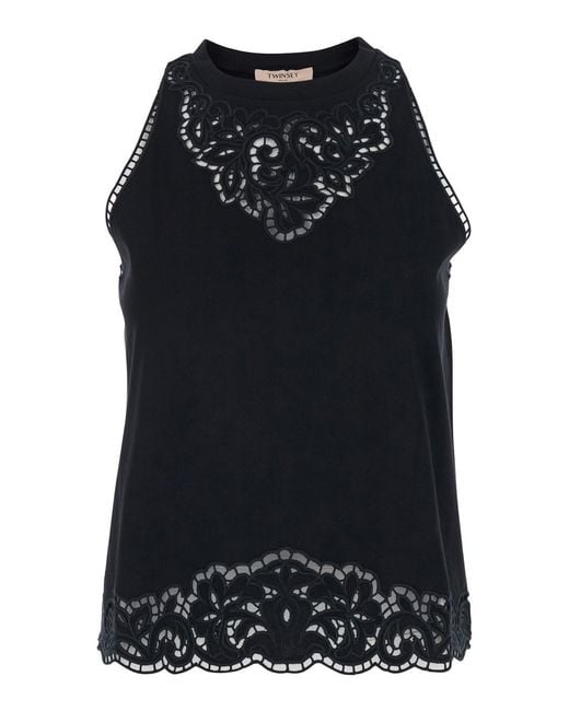Twinset Black Top With Lace Details On The Neck And Hem