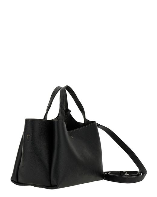 Tod's Black Handbag With Embossed Logo And T Timeless Charm In Grainy Leather Woman