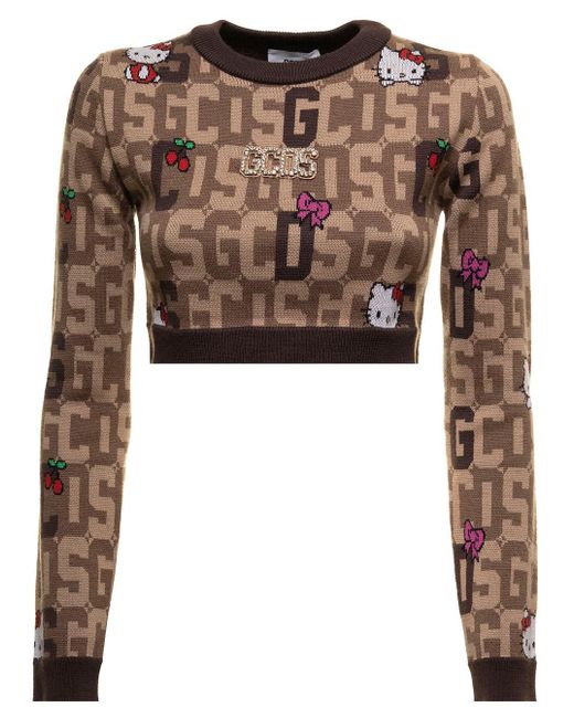 Maglioncino crop in maglia misto lana con hello kitty e logo jacquard a contrasto donna di Gcds in Brown