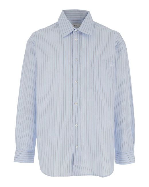 DUNST Blue Shirt With Classic Collar And All-Over Striped Motif for men