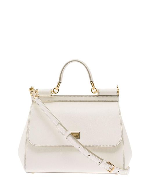 Dolce & Gabbana Natural White Sicily Medium White Handbag In Grained Leather