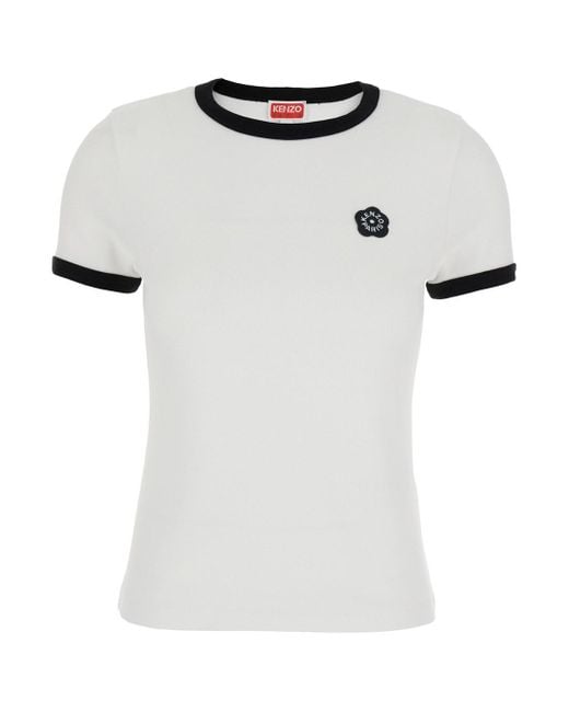 KENZO White Crewneck T-Shirt With Logo Patch On The Front And Contrasting Details